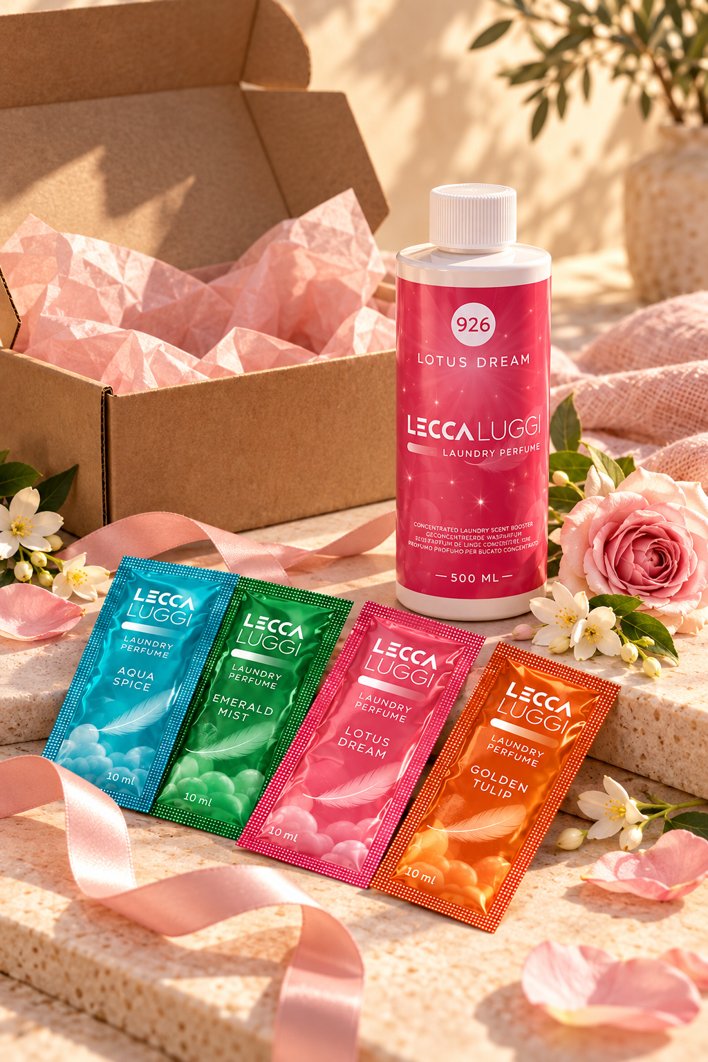 Lecca Luggi welkomstpakket met wasparfum en proefzakjes