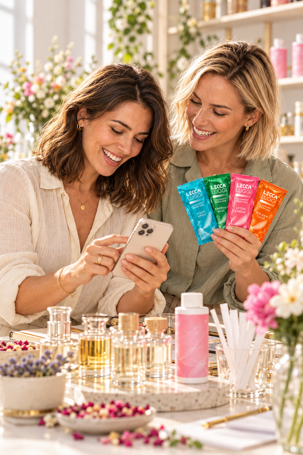 Esther en Sabine met Lecca Luggi wasparfum en een telefoon